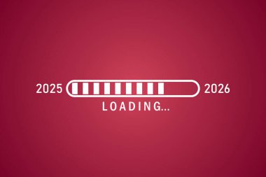 2025 'ten 2026' ya kadar kırmızı arkaplanda yükleme çubuğu var. Vektör çizimi. Eps 10.