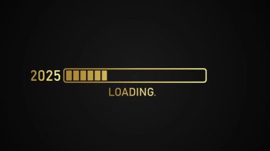 Yıl değişimi 2025 'ten 2026' ya 4k animasyon. 2025 'ten 2026' ya kadar altın renkli yükleme çubuğu yeni yıl transfer animasyonu. Yıl değişimi konsepti. Siyah arkaplanda.