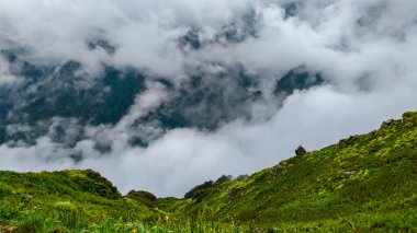 Rocky yamaçları ve Manzaralı Puslu Dağ Vadisi