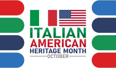 İtalyan Amerikan Mirası Ayı Ekim Kutlama Grafiği. Vektör web pankartı, arkaplan, poster, kartpostal, şablon tasarımı.