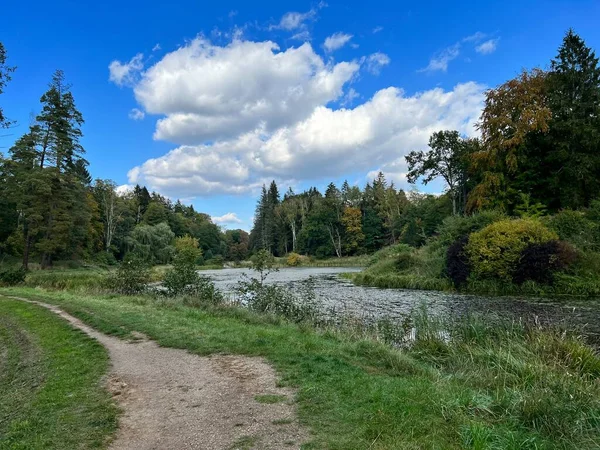 Park Mit Verschiedenen Farben Von Bäumen Und Sträuchern Herbst Fluss — Stockfoto