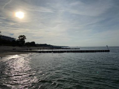 Sahili ve sahili deniz dalgalarından korumak için sıra sıra dizilmiş tahta yığınları.