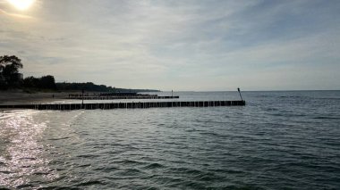 Sahili ve sahili deniz dalgalarından korumak için sıra sıra dizilmiş tahta yığınları.