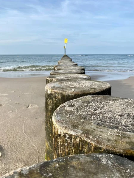 Houten Palen Rijen Kust Stranden Beschermen Tegen Schade Door Zeegolven — Stockfoto