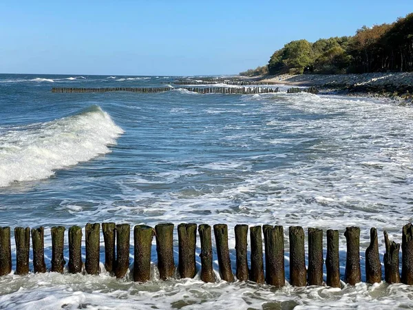 Holzpfähle Reihenweise Angetrieben Ufer Und Strände Vor Schäden Durch Meereswellen — Stockfoto