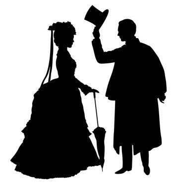 Viktorya dönemi elbiseli genç bir çiftin romantik durumu. Erkek kadının önünde silindir şapkasını çıkarıyor..