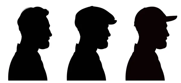 フラットキャップとピークキャップを身に着けているハンサムな髭の男を描いた3つのプロフィールシルエットのベクトルセット — ストックベクタ