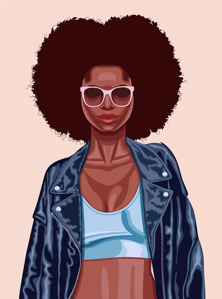 Portrait Vectoriel Réaliste Demi Corps Jeune Femme Afro Américaine Avec — Image vectorielle