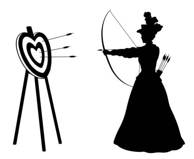 Conceptual illustration depicting silhouette of young female archer in victorian dress shooting at heart shaped target clipart