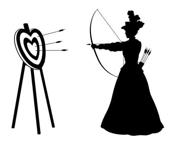 ハート型のターゲットで撮影されたヴィクトリア朝のドレス姿の若い女性射手のシルエットを描いたコンセプチュアルなイラスト — ストックベクタ