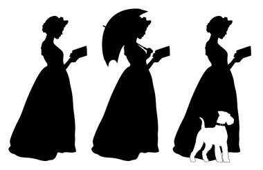 Retro style silhouettes of three young victorian woman reading book, holding sun umbrella flanked by terrier dog. clipart