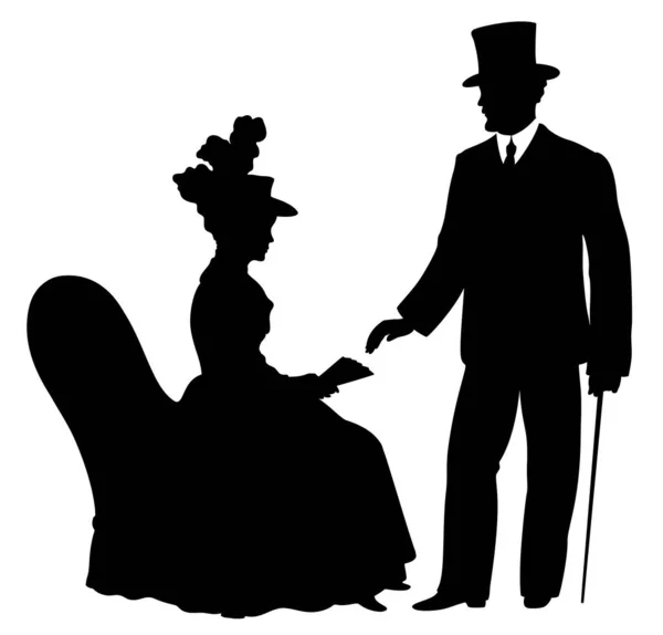 女性によって形成された若い被害者のカップルのロマンチックなイラストアームチェアに座って トップの帽子と歩行スティックを持つファンと男を保持 — ストックベクタ