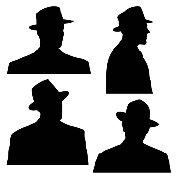 1940年代スタイルの男性の4つの肖像画のシルエットのセットフェドーラ帽子 白い背景に隔離された — ストックベクタ