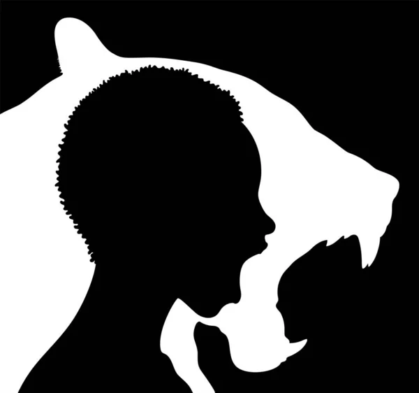 Kısa saçlı, bağıran Afrikalı Amerikalı bir kadının silueti kükreyen dişi aslanın siluetine yerleştirilmiş.. 