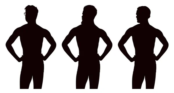 Set Van Drie Silhouetten Van Jonge Shirtloze Atletische Mannen Met — Stockvector