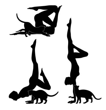Yoga yapan üç siluet genç kadın seti. Bu arada sevimli kedisi beyaz arka planda yalnız başına ona bakıyor.. 
