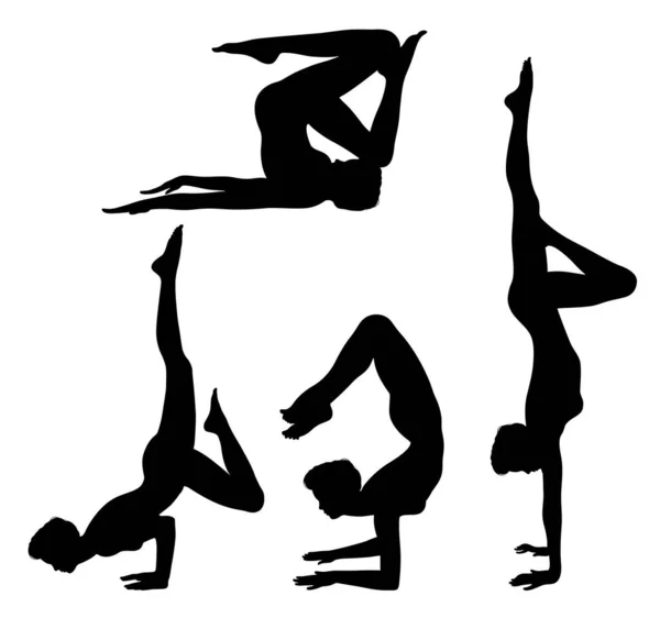 Kısa saçlı, yoga yapan dört siyah kadın silueti beyaz arka planda izole edilmiş pozlar veriyor..
