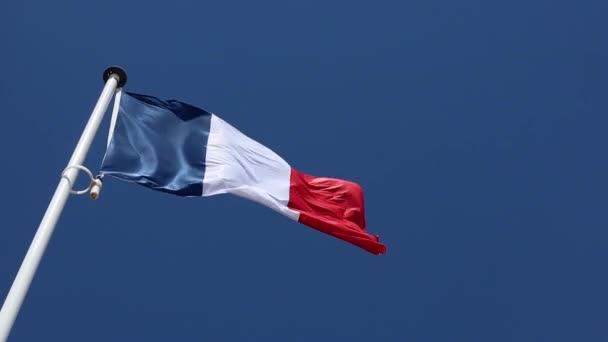 Francouzská Vlajka Vlaje Větru Proti Modré Obloze Slunečného Dne Bastille — Stock video