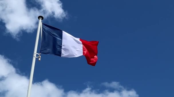 法国国旗迎着蓝天飘扬 白云飘扬 巴士底狱日和法国国庆日 — 图库视频影像