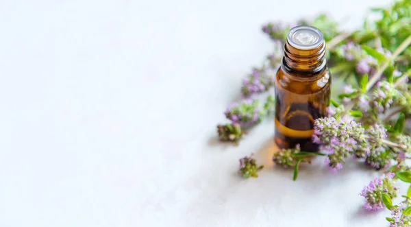 Essential Oil Thyme Bottle Selective Focus Spa — Stock Photo, Image