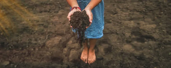 Çocuk Toprağı Elinde Tutuyor Seçici Odaklanma Doğa — Stok fotoğraf