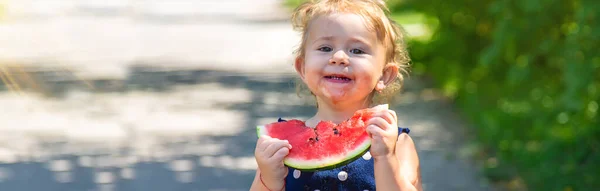 Child Eats Watermelon Park Selective Focus Kid —  Fotos de Stock