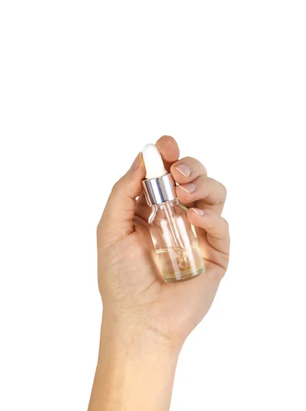 Oil Spa Bottle Woman Hands Isolate Selective Focus Isolated — Stock Photo, Image