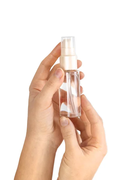 stock image Cosmetic product isolate in the hands of a woman. Selective focus. white.