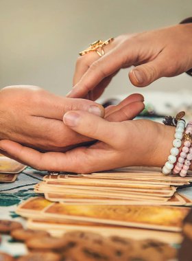 Bir falcı tarot kartlarıyla okur. Seçici odaklanma. Kadın.