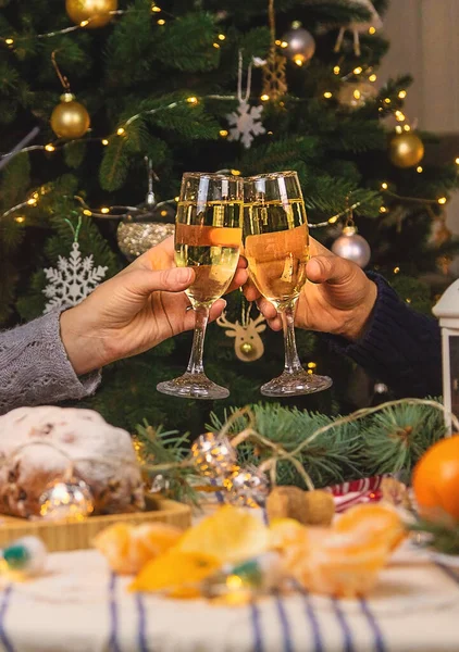 Champagne Kersttafel Selectieve Focus Vakantie — Stockfoto