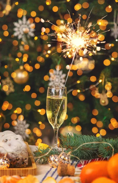 Champagne Sur Table Noël Concentration Sélective Vacances — Photo