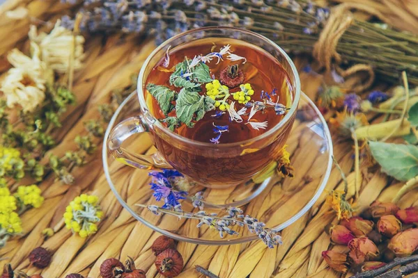 stock image Herbal tea with medicinal herbs and flowers. Selective focus. Drink.