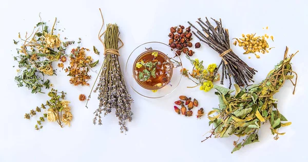 Herbal Tea Medicinal Herbs Flowers Selective Focus Drink — Stock Photo, Image