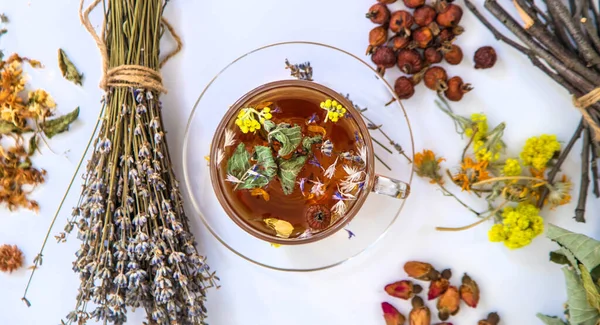 Травяной Чай Лекарственными Травами Цветами Выборочный Фокус Пейте — стоковое фото