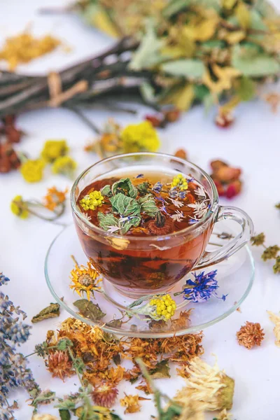 Şifalı Bitkiler Çiçeklerle Birlikte Bitki Çayı Seçici Odaklanma — Stok fotoğraf