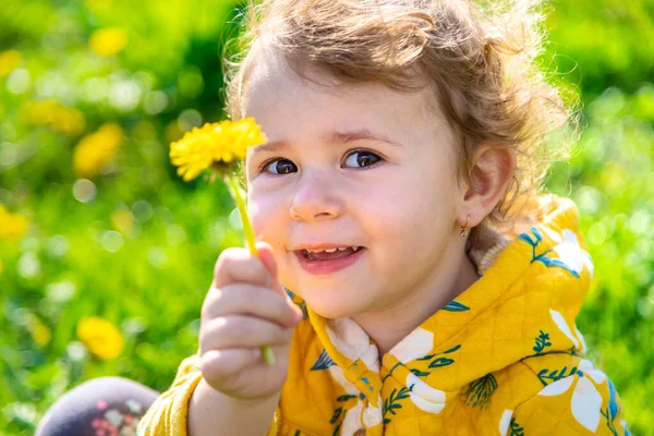 Ein Kind Garten Schnuppert Blühenden Löwenzahn Frühling Selektiver Fokus Natur — Stockfoto