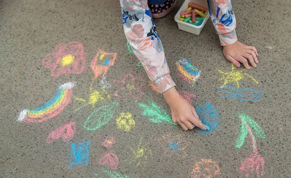 Children Draw Chalk Pavement Selective Focus Kid — Fotografia de Stock