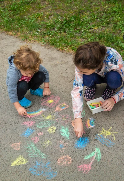 Children Draw Chalk Pavement Selective Focus Kid — стоковое фото