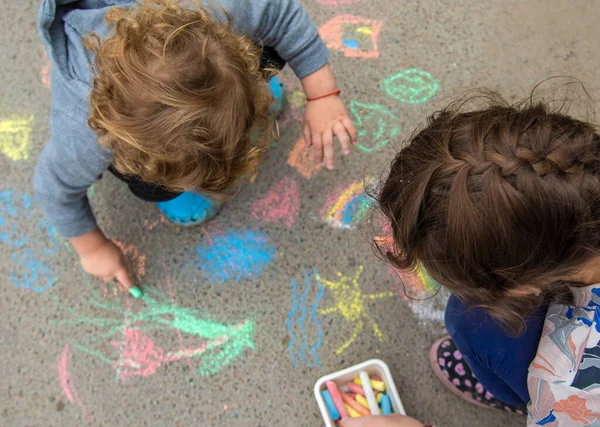 Children Draw Chalk Pavement Selective Focus Kid — Stockfoto
