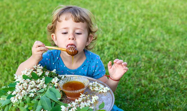 Criança Come Mel Jardim Foco Seletivo Natureza — Fotografia de Stock
