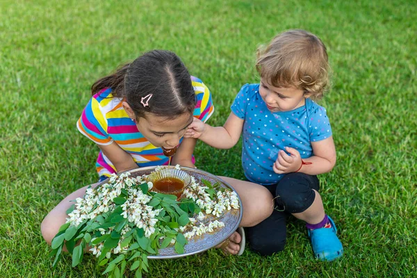 子供は庭で蜂蜜を食べる 選択的フォーカス — ストック写真