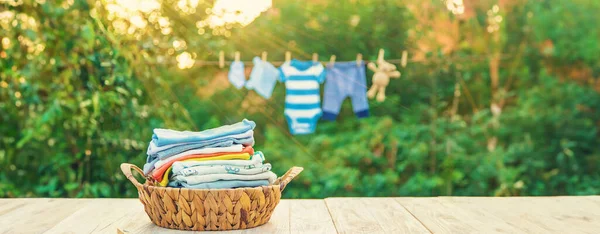 Washing Baby Clothes Linen Dries Fresh Air Selective Focus Nature — Stock Photo, Image