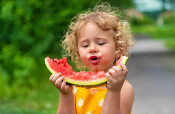 Child Eats Watermelon Park Selective Focus Kid — Stok fotoğraf