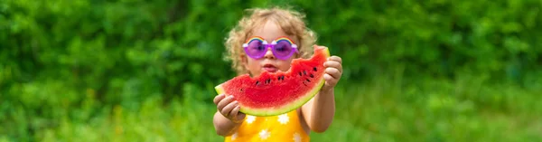 Child Eats Watermelon Park Selective Focus Kid — Zdjęcie stockowe