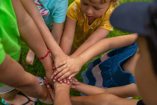 Children Put Hands Together Selective Focus Kids — Foto de Stock