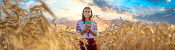 Child Field Wheat Flag Ukraine Selective Focus Nature — Stock Photo, Image