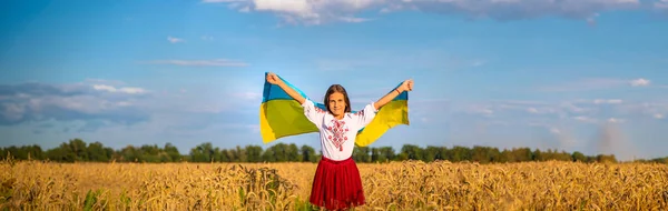 Niño Campo Trigo Con Bandera Ucrania Enfoque Selectivo Niño — Foto de Stock