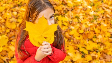 Parktaki sarı yapraklı sonbahar çocuğu. Seçici odaklanma. Çocuk.