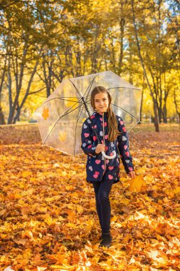 Parktaki sarı yapraklı sonbahar çocuğu. Seçici odaklanma. Çocuk.