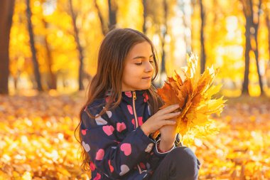 Parktaki sarı yapraklı sonbahar çocuğu. Seçici odaklanma. Çocuk.